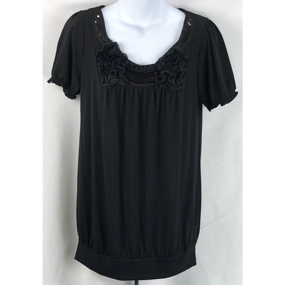 NWT Rachael & Chloe BabyDoll Long Top M Blk Floral Rosettes Sequins whimsigoth